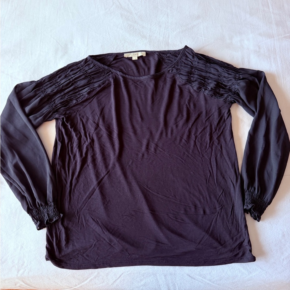 LOFT Navy Ruched Sleeve Blouse